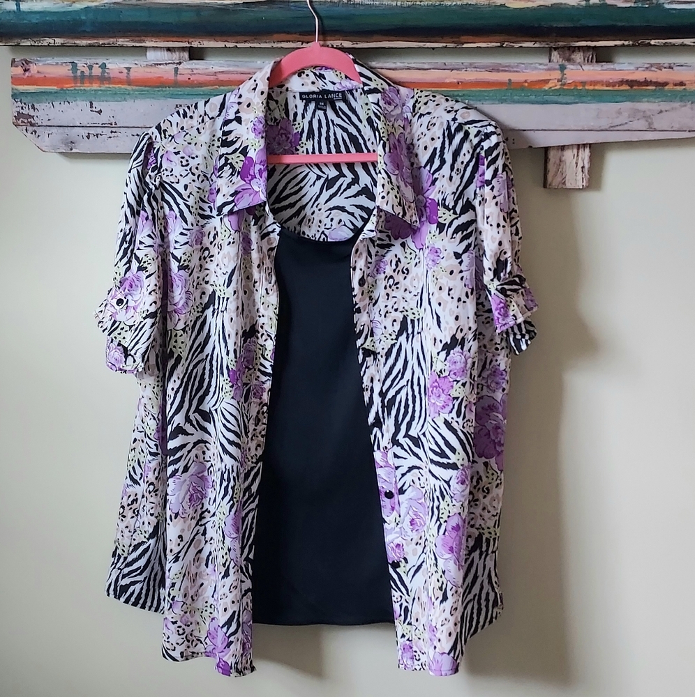 Gloria Lance Woman Floral Zebra Print Blouse with Black Tank - 3X